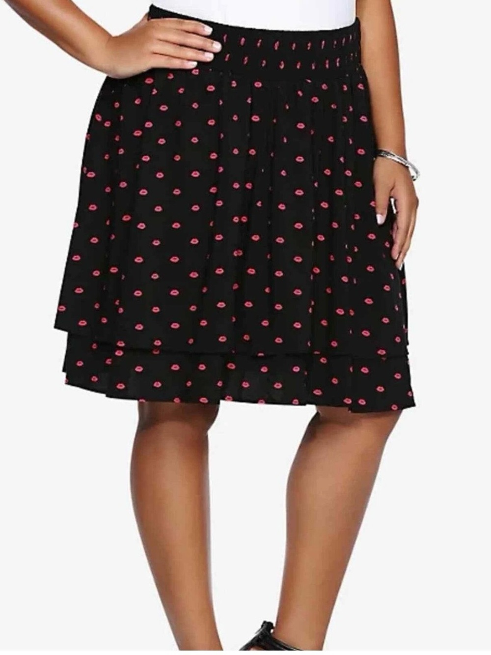 Torrid Tiered Ruffle Lip Print Stretch Smocked Waist Skirt Size 1X